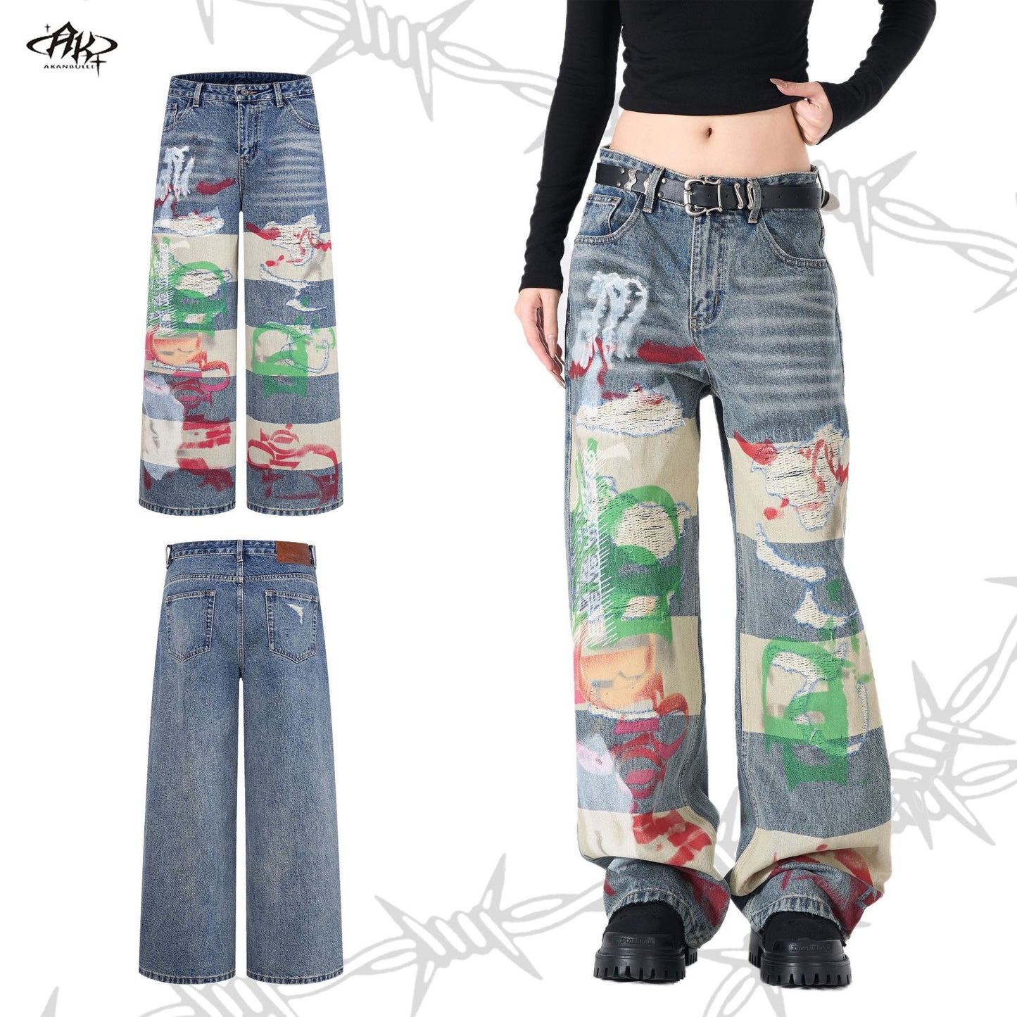 Graffiti Digital Spray Hole Patch Washed Heavy Straight Jeans Retro American Trendy Casual Denim Trousers | Spray Patch