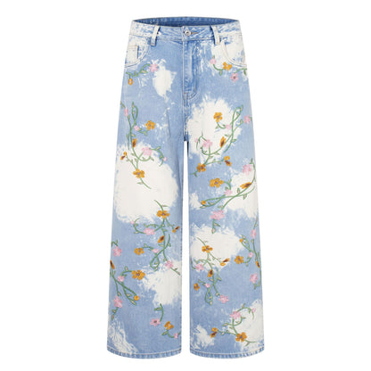 Flower Embroidery Washed Heavy Straight Jeans Retro American High Street Trendy Casual Denim Trousers | Bloom Wash