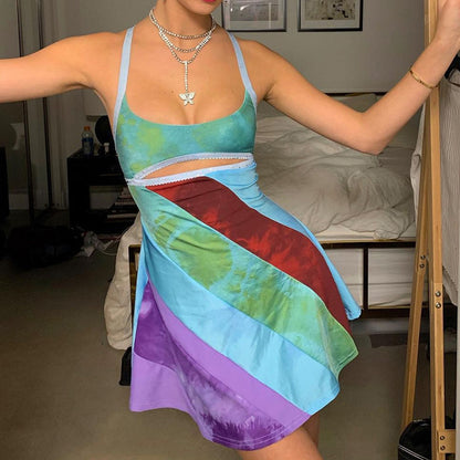 Women's Color Block Mini Dress Backless Spaghetti Strap Cut Out Party Dress