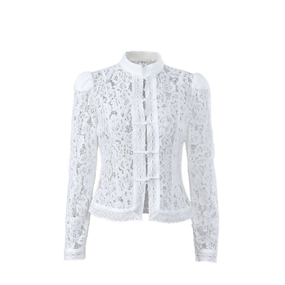 Summer lace crochet stand-up collar slim-fitting shirt women's design sense fashion temperament commuting