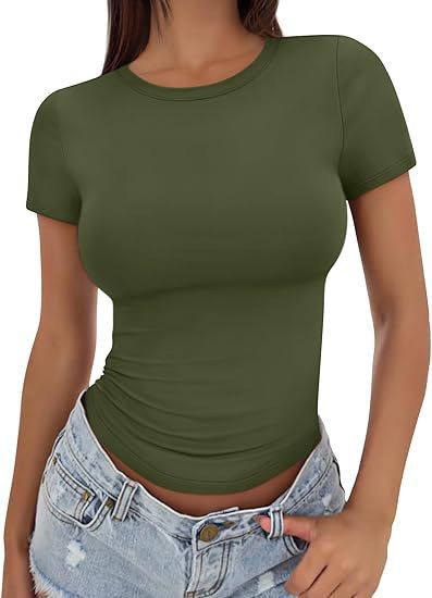 Women's Fitted Crew Neck T Shirt Slim Fit Short Sleeve Basic Tee Stretch Casual Summer Top