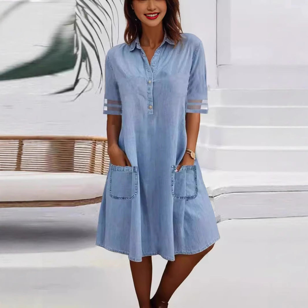 Women's Casual Denim Shirt Dress Short Sleeve Loose Fit Pocket Dress - Seldom Seen Styles