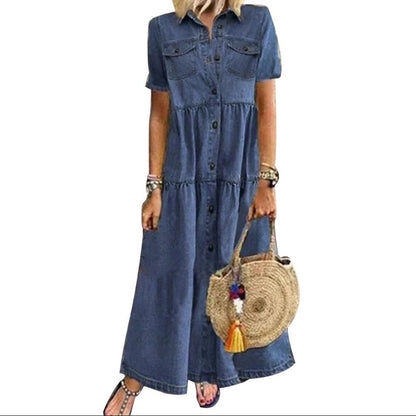 Women's Denim Maxi Dress Button Down Short Sleeve Casual Loose Shirt Dress with Pockets