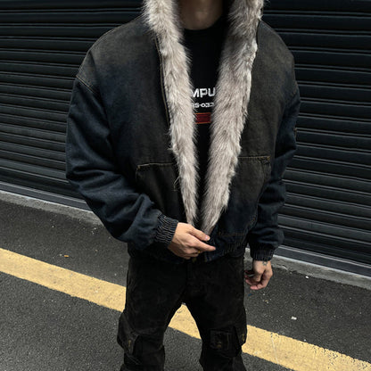 Washed Denim Fur Hooded Jacket