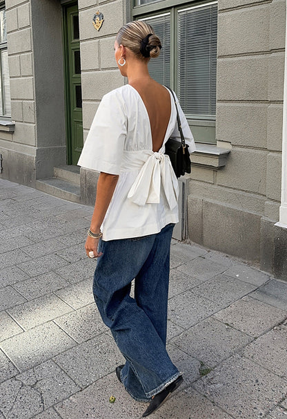 Women's White Bow Back Top Cute Versatile Casual Dressy Blouse for Going Out Brunch Date Night Street Style