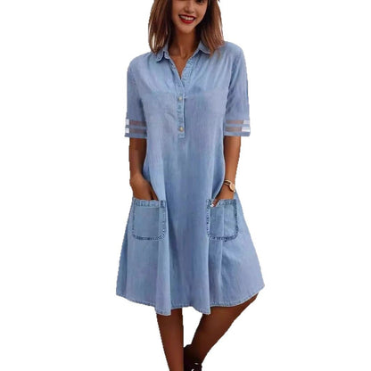 Women's Casual Denim Shirt Dress Short Sleeve Loose Fit Pocket Dress