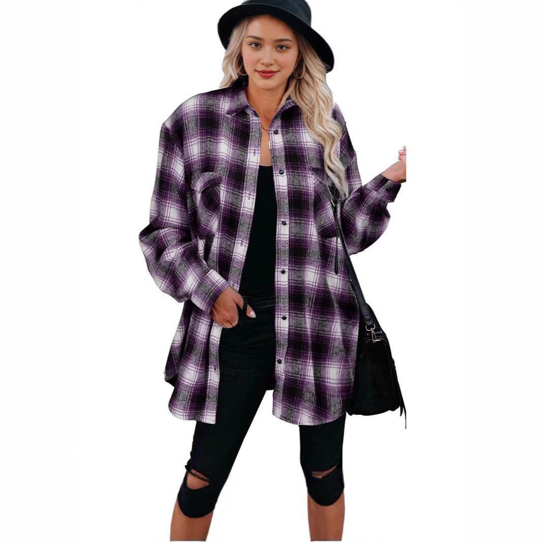 Women's Plaid Button Down Shirt Oversized Long Sleeve Flannel Shirt Jacket Casual Longline Shacket Coat