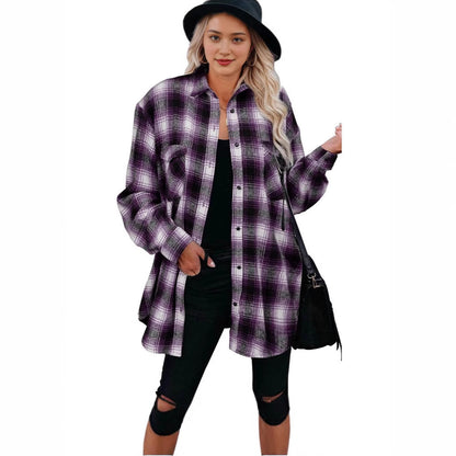 Women's Plaid Button Down Shirt Oversized Long Sleeve Flannel Shirt Jacket Casual Longline Shacket Coat