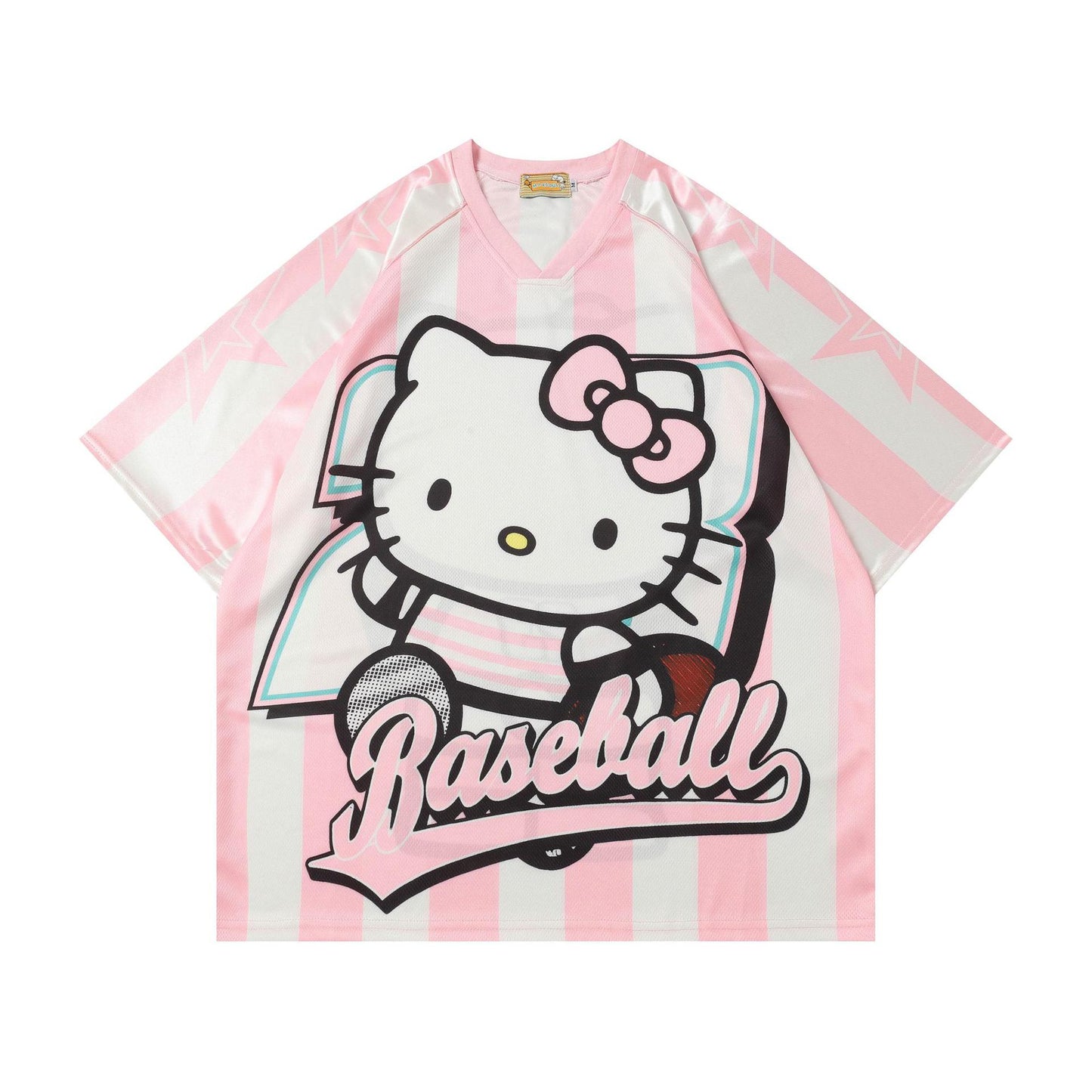 Cartoon Sports Jersey V-Neck Short Sleeve T-Shirt Unisex Loose Fit Retro Splicing Couple Casual Graphic Tee | Jersey Toon