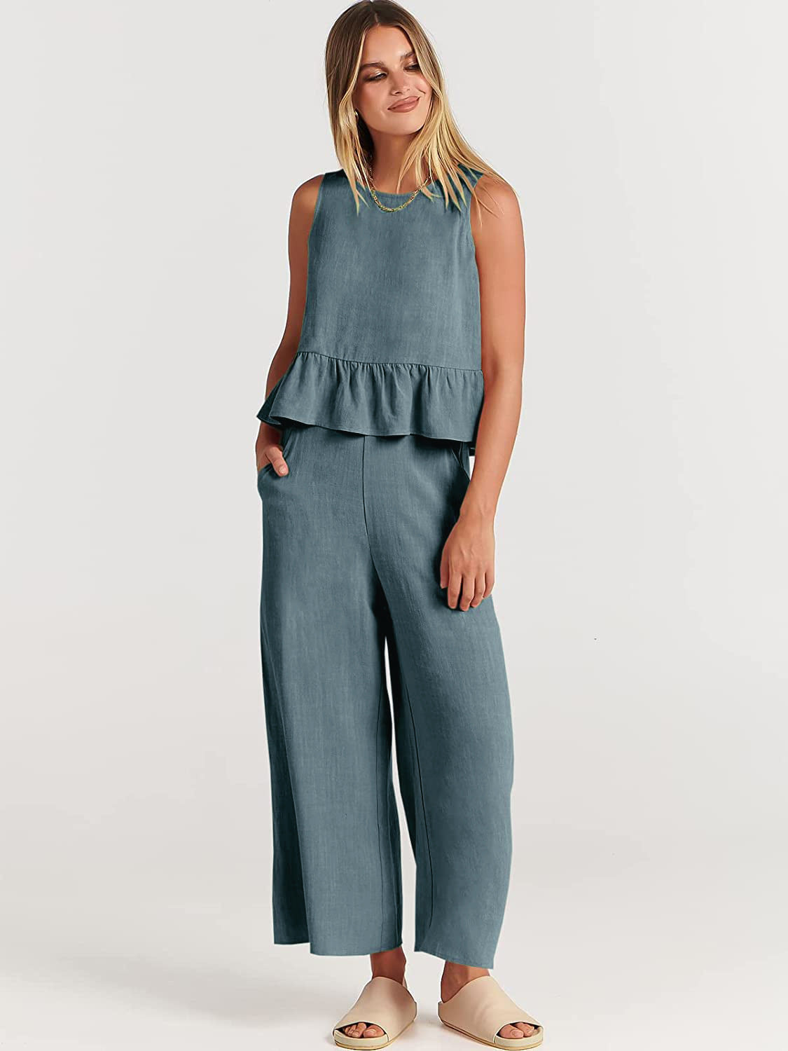 Women's Sleeveless Two Piece Pants Set Casual Ruffle Hem Top and Wide Leg Cropped Pants Matching Summer Outfit - Seldom Seen Styles