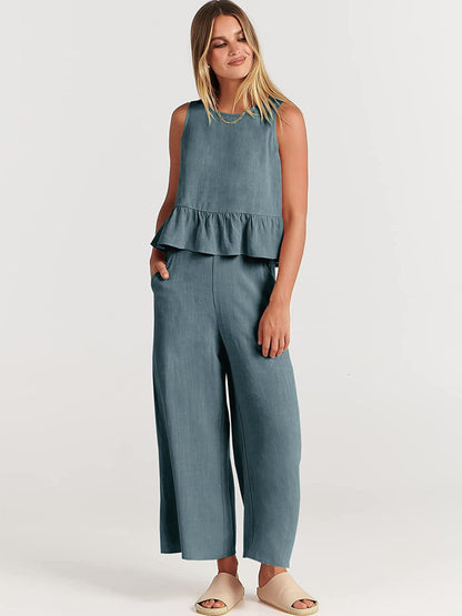 Women's Sleeveless Two Piece Pants Set Casual Ruffle Hem Top and Wide Leg Cropped Pants Matching Summer Outfit