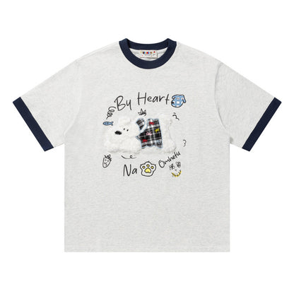 Plaid Bear Graphic Ringer T-Shirt Short Sleeve Crew Neck Oversized Casual Summer Streetwear Tee | Big Heart Ringer