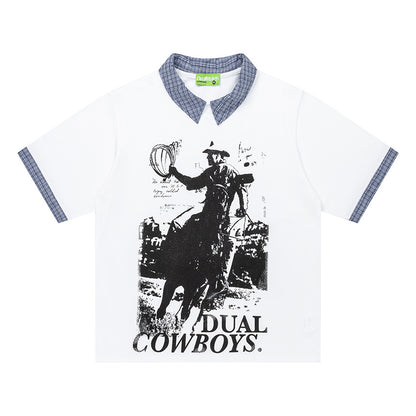 Dual Cowboys Graphic T-Shirt Short Sleeve Contrast Collar Oversized Casual Summer Streetwear Tee | Dual Cowboys Tee