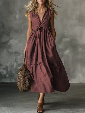 Women's Solid Color Sleeveless V-Neck Dress Elegant Casual Summer Vacation Midi Dress