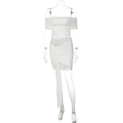 Spitzenkleid sexy Bandeau-Top One-Shoulder-Ausschnitt Spleißen Perspektive Hüftriemen kurzer Rock Damenbekleidung
