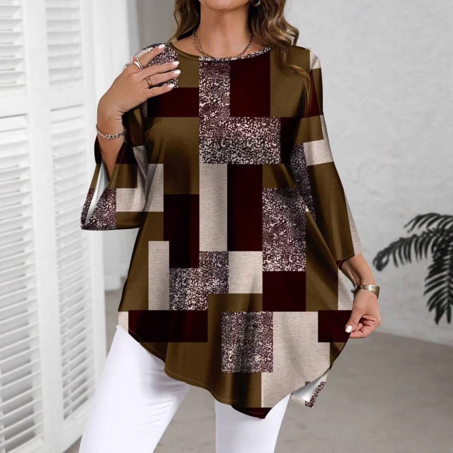 Women's Abstract Print Tunic Top Casual Loose Fit Blouse Asymmetrical Hem 3/4 Sleeve Plus Size Top