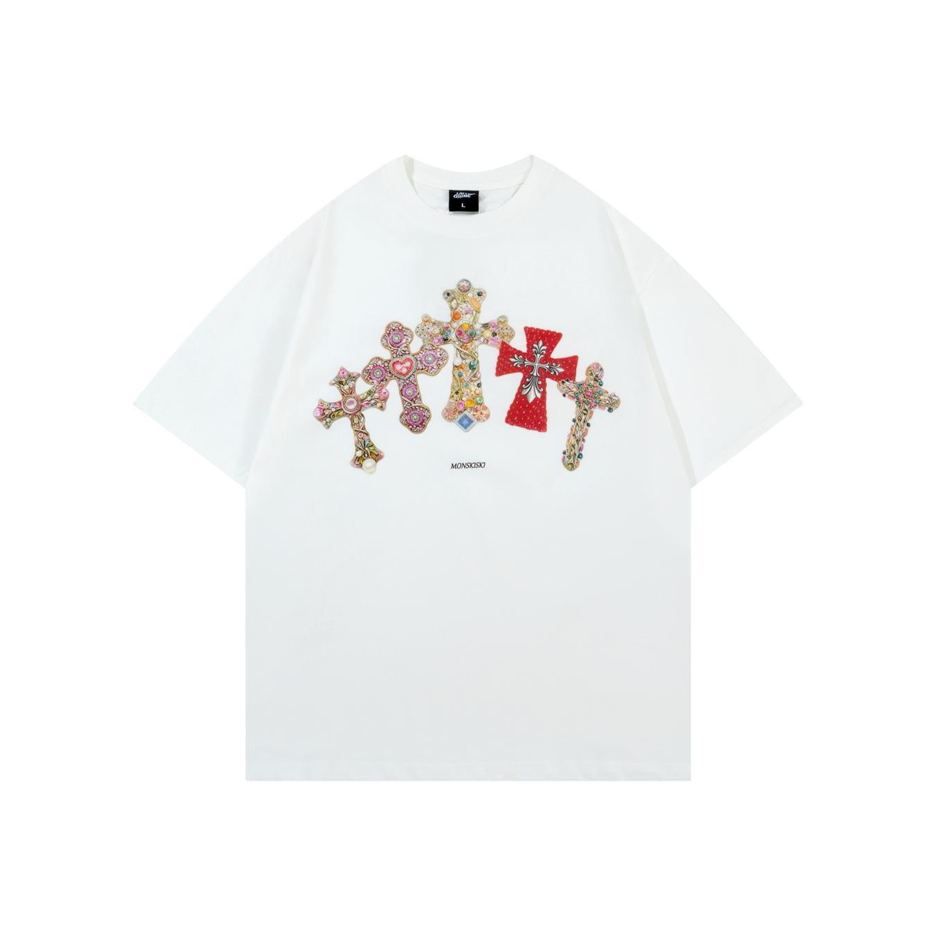 Jewelry Cross Print Short Sleeve T-Shirt Loose Oversized Couple Vibe Niche Design Streetwear Casual Summer Tee | Cross Jewel