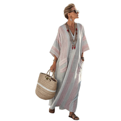 Women's Boho Linen Maxi Dress Oversized Kaftan Beach Cover Up Vacation Resort Dress