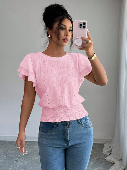 Women's Eyelet Flutter Sleeve Blouse Crew Neck Smocked Hem Casual Summer Top