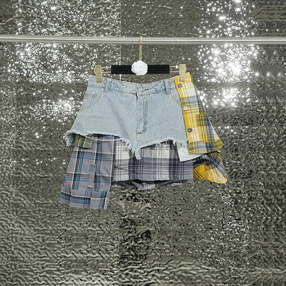 Kenna Grid Deconstruct Patchwork Mini Skirt In Blue