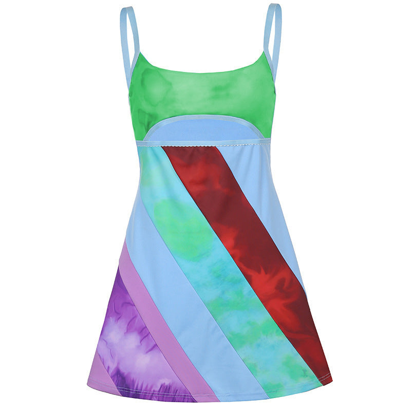 Women's Color Block Mini Dress Backless Spaghetti Strap Cut Out Party Dress - Seldom Seen Styles