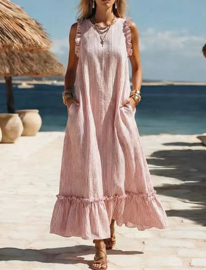 Women's Striped Sleeveless Ruffle Hem Loose Dress Casual Summer Beach Vacation Midi Dress