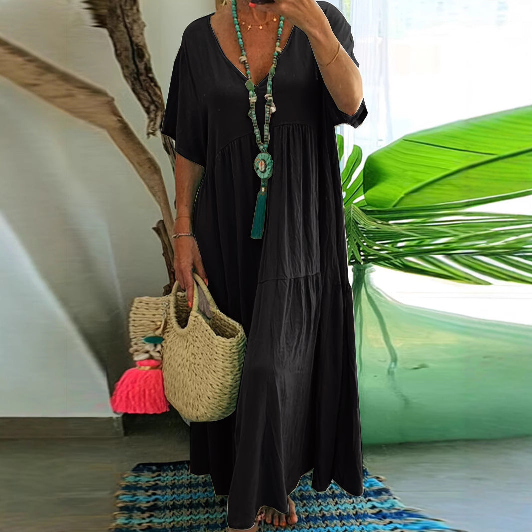 Women's Solid Color Loose V-Neck Short Sleeve Big Swing Maxi Dress Summer Casual Vacation Outfit Plus Size - Seldom Seen Styles
