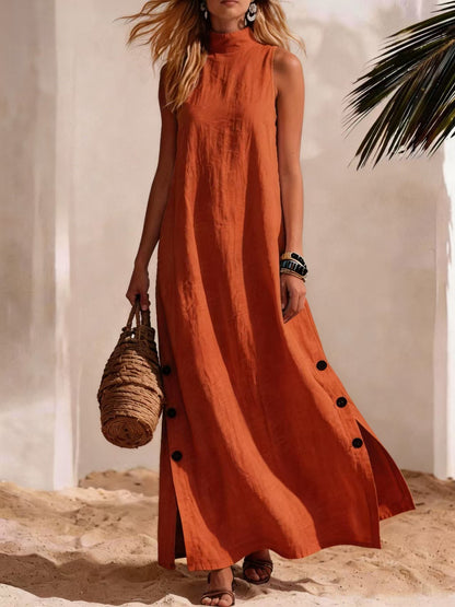 Women's Linen Maxi Dress Sleeveless Side Slit Beach Vacation Dress