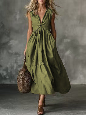 Women's Solid Color Sleeveless V-Neck Dress Elegant Casual Summer Vacation Midi Dress - Seldom Seen Styles