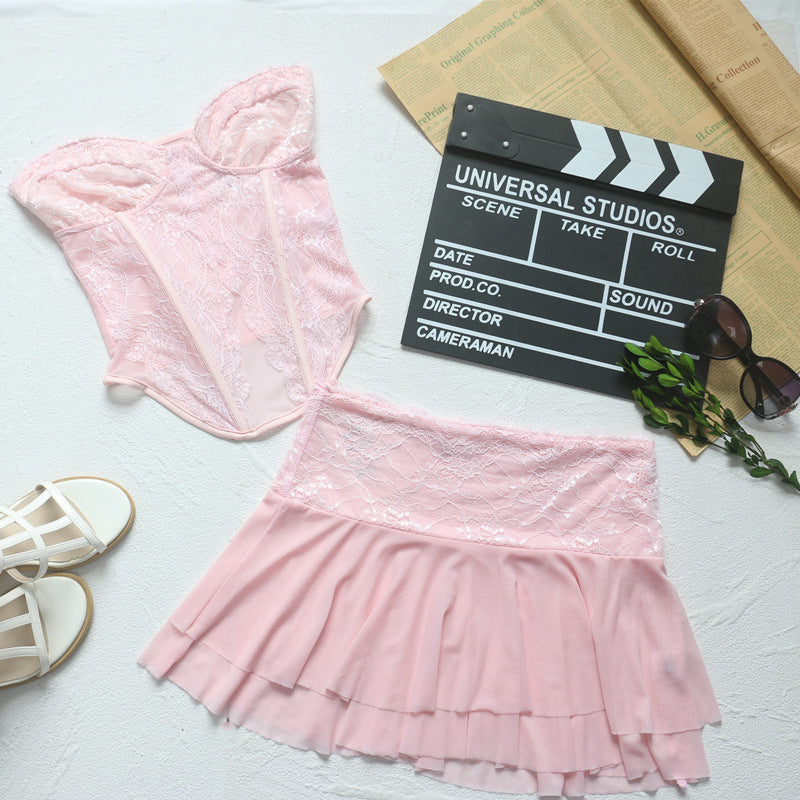 Pink Semi Transparent Lace Boning Corset Tube Top Short Vest Mini Ultra Short Double Layer Skirt Set - Seldom Seen Styles