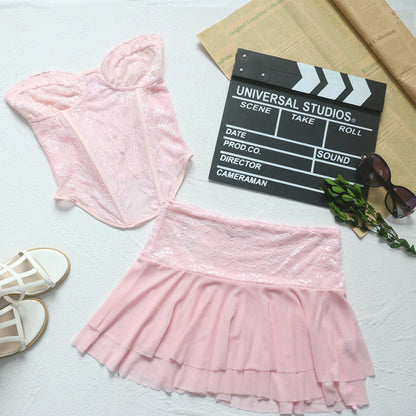 Ensemble jupe ultra courte double couche avec corset court, haut bandeau et baleines en dentelle rose semi-transparente