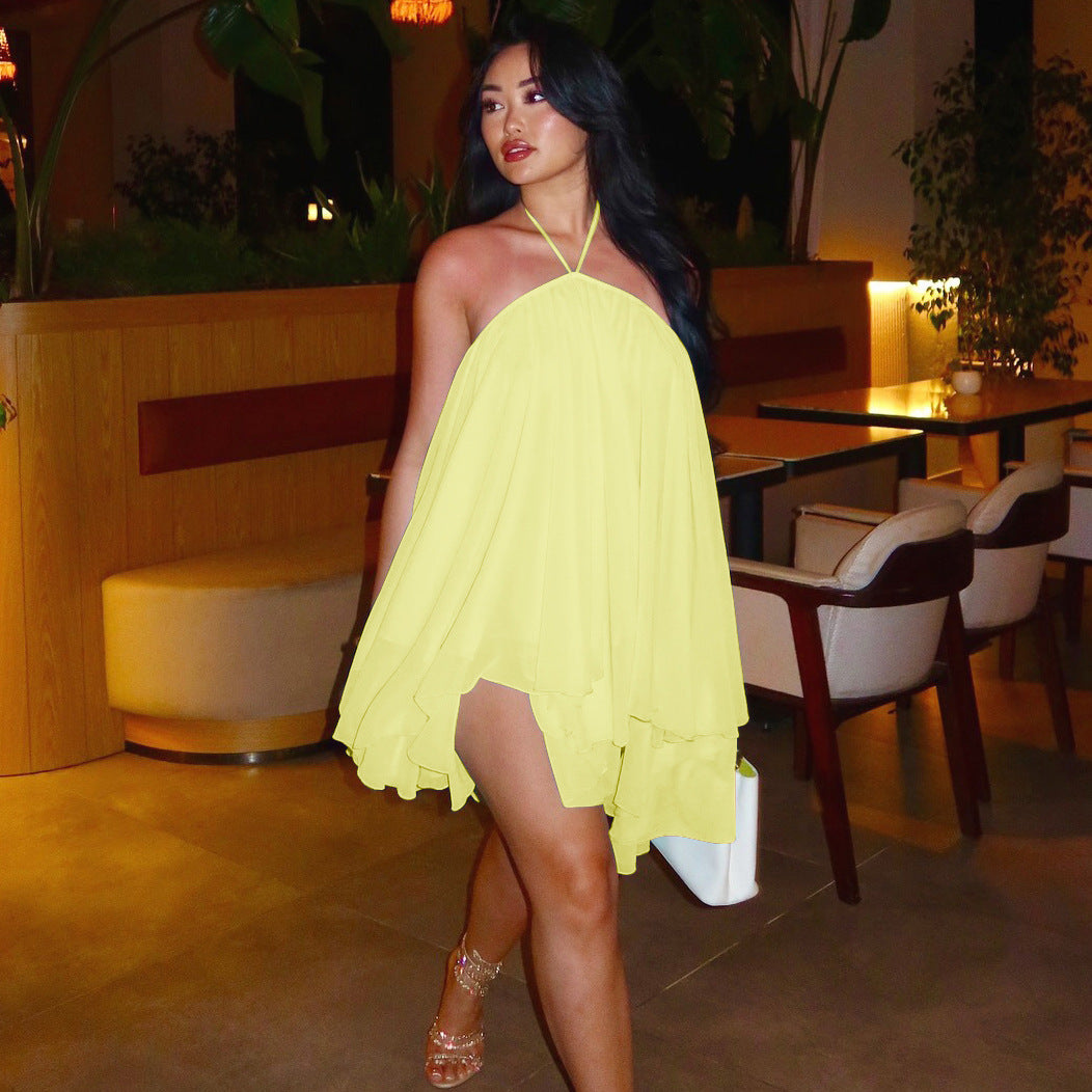 Women's Backless Halter Mini Dress Flowy Chiffon Loose Fit Vacation Party Dress - Seldom Seen Styles
