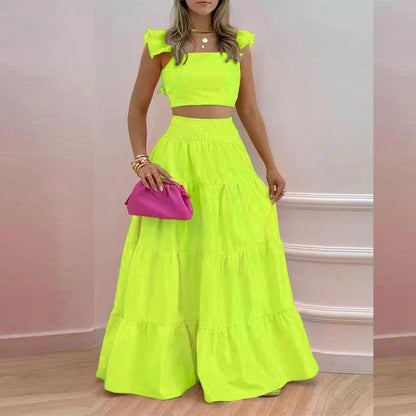 Women's Two Piece Maxi Skirt Set Sleeveless Crop Top Summer Vacation Outfit