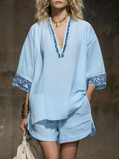 Women's Linen Printed V-Neck Short Sleeve Shorts Two Piece Set Bohemian Vacation Summer Outfit