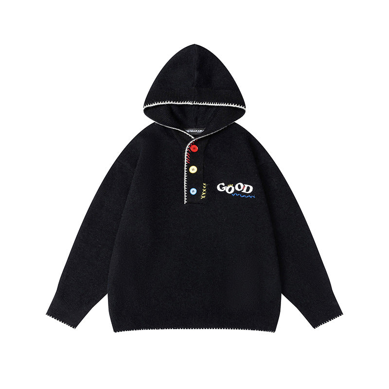 Women's Embroidered Knit Hoodie Colorful Button Placket Oversized Casual Korean Niche Pullover Sweater Autumn | Good Button