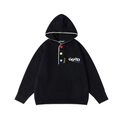 Women's Embroidered Knit Hoodie Colorful Button Placket Oversized Casual Korean Niche Pullover Sweater Autumn | Good Button