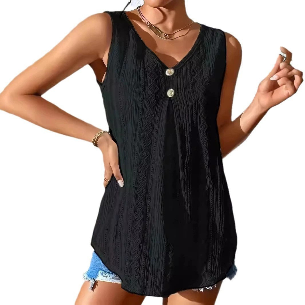 Women's Sleeveless V Neck Lace Tank Top Button Front Boho Blouse Loose Fit Summer Tunic Top