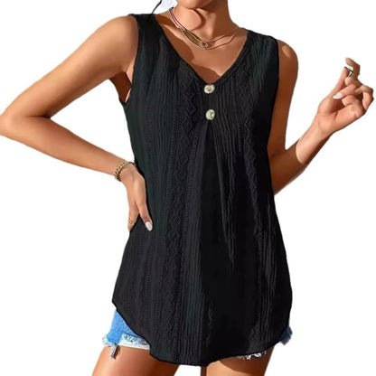 Women's Sleeveless V Neck Lace Tank Top Button Front Boho Blouse Loose Fit Summer Tunic Top