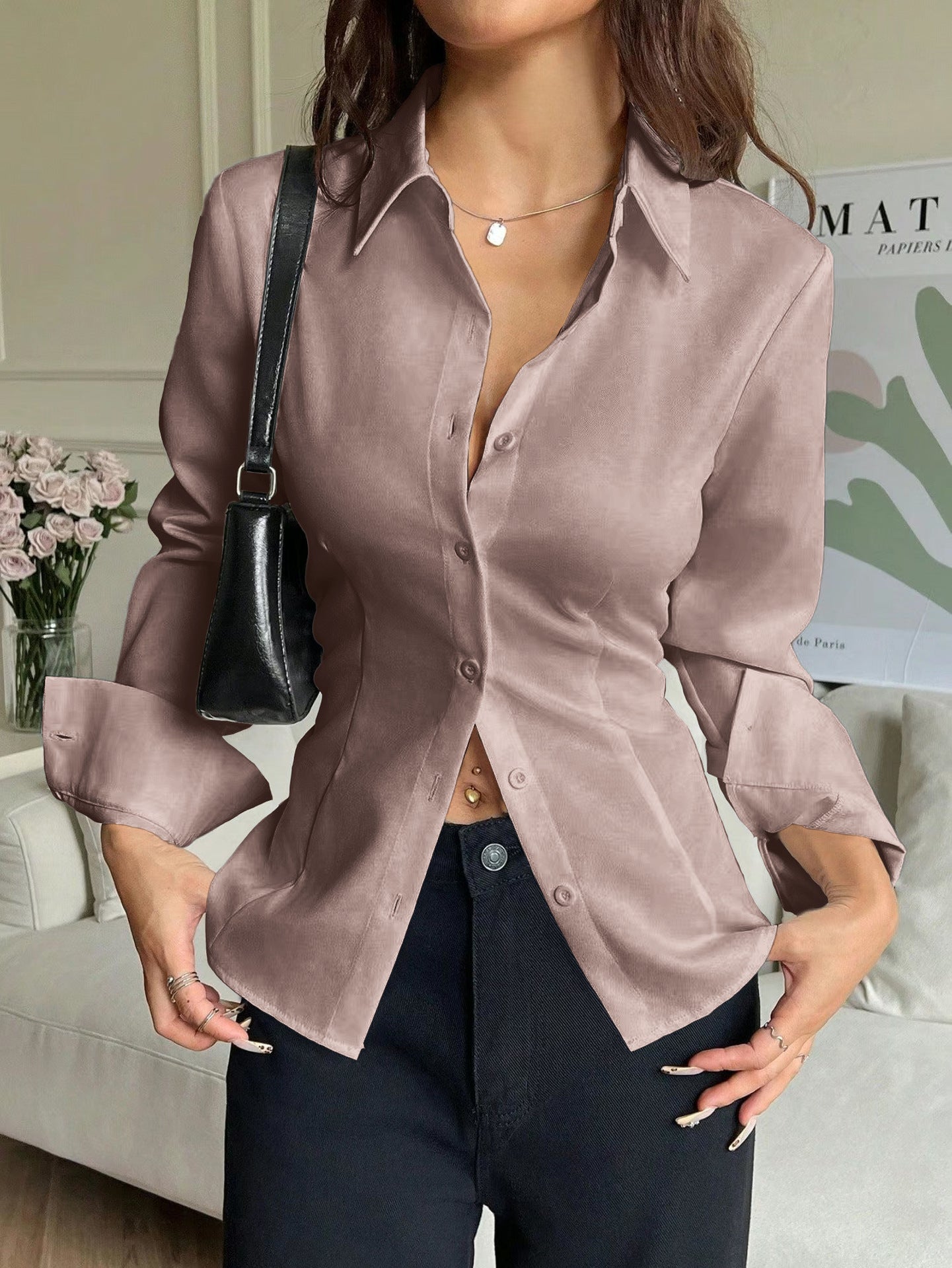 New high-end slim-fitting waist shirt irregular shirt Spice Girl versatile niche design chic top - Seldom Seen Styles