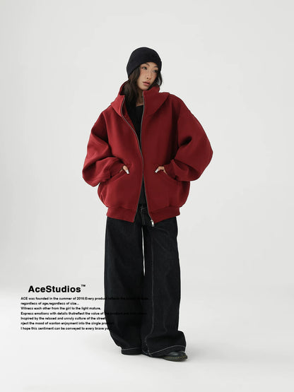 Acestudios trendy brand retro street lazy wind loose hooded cardigan thickened sweater jacket women