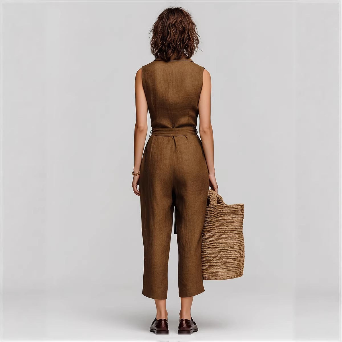 Women's Linen Blend Sleeveless V-Neck Belted Jumpsuit Casual Summer Vacation Outfit - Seldom Seen Styles