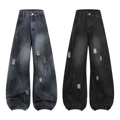 Men's Washed Ripped Hole Deconstruction Splicing Straight Jeans Loose Wide Leg Denim Pants Retro American Streetwear Casual Summer | Rip Splice