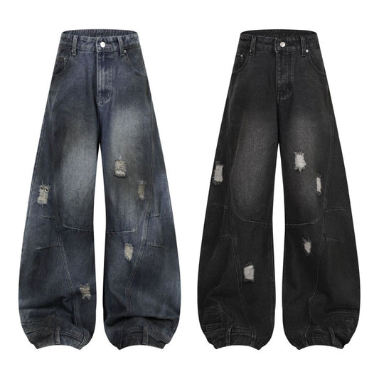 Men's Washed Ripped Hole Deconstruction Splicing Straight Jeans Loose Wide Leg Denim Pants Retro American Streetwear Casual Summer | Rip Splice