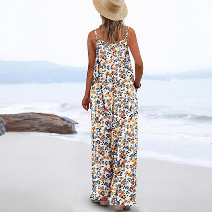 Women's Floral Print Jumpsuit Sleeveless Wide Leg Jumpsuit Adjustable Strap Casual Summer Romper with Pockets