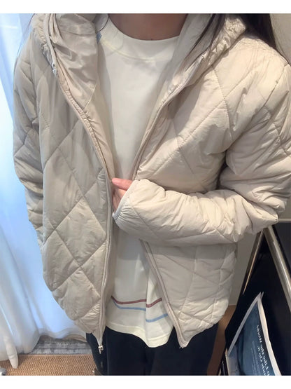 Light and warm mulberry silk men and women outdoor windproof hooded rhombus cotton clothes cotton jacket men and women