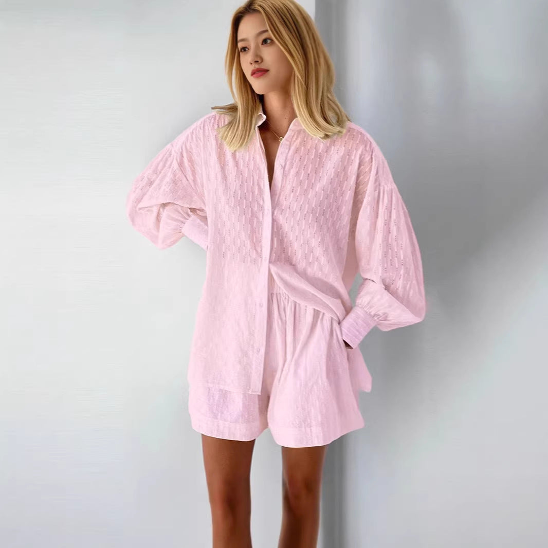 Women's Jacquard Bubble Sleeve Shirt Shorts Two-Piece Set Casual Commuter Chic Summer Outfit - Seldom Seen Styles