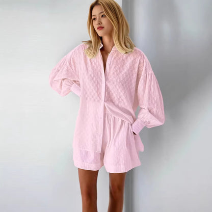 Women's Jacquard Bubble Sleeve Shirt Shorts Two-Piece Set Casual Commuter Chic Summer Outfit