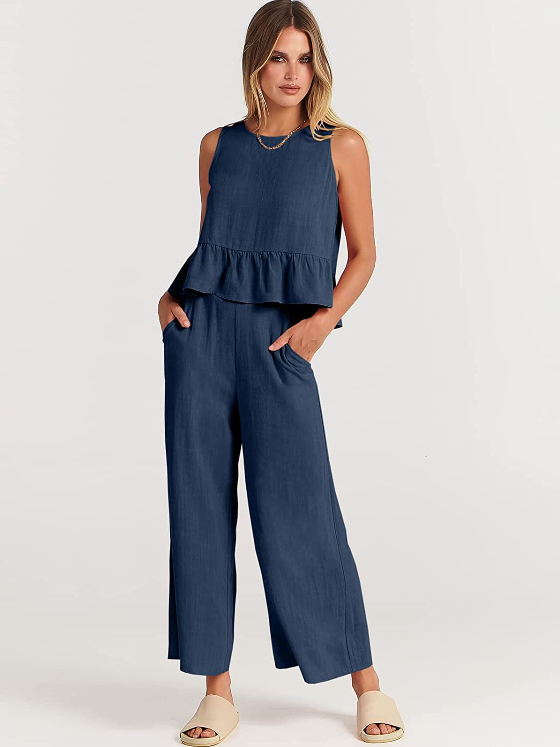 Women's Sleeveless Two Piece Pants Set Casual Ruffle Hem Top and Wide Leg Cropped Pants Matching Summer Outfit - Seldom Seen Styles
