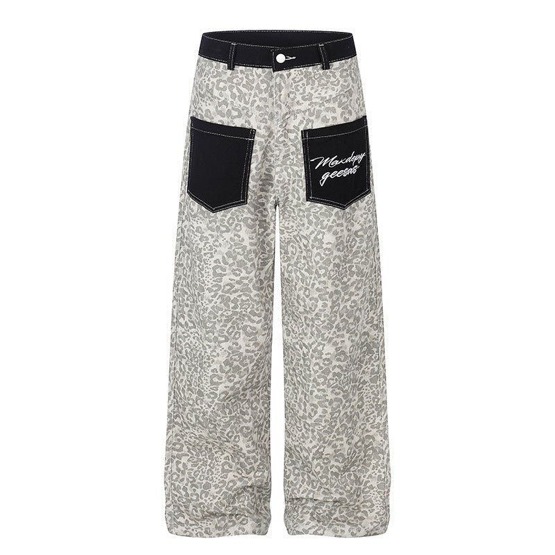 DARKAGE Leopard Print Wide-Leg Pants with Contrast Contrast Pockets