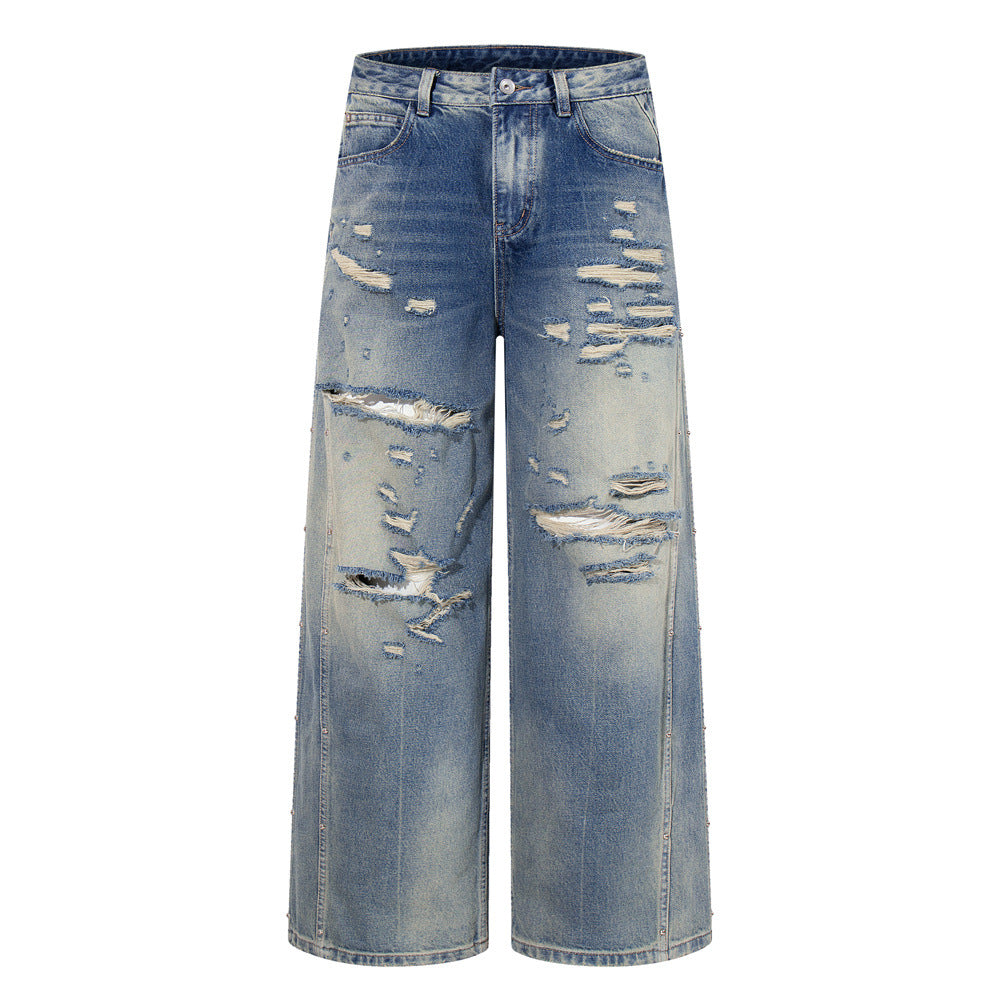 Distressed Gradient Washed Denim Wide Leg Pants Loose Straight Deconstruction Patchwork Streetwear Casual Summer Jeans | Fade Rip